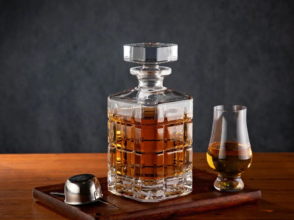 A decanter and glass of whiskey sitting on a wooden table
